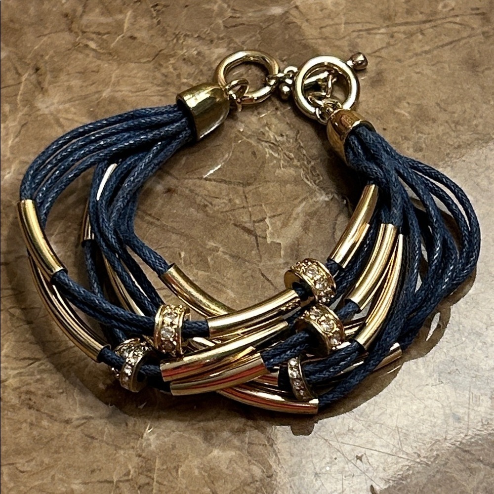 Blue and Gold with Rhinestone Multi Strand Bracelet - Picture 1 of 4